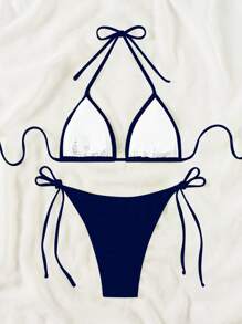 SHEIN Swim 2026 Spring/Summer Navy Blue Special Fabric Women's Swimsuit, Spaghetti Strap Halter Solid Color Sexy Side Tie Thong Bikini Two-Piece Swimwear - Navy Blue - View 2