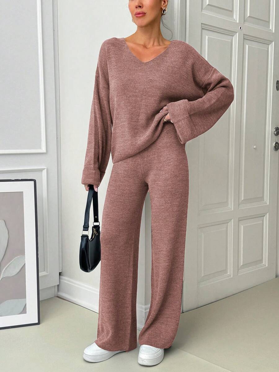EURMUSE Women V-Neck Flare Sleeve Detailed Sweater And Pant Set - Dusty Pink - View 1
