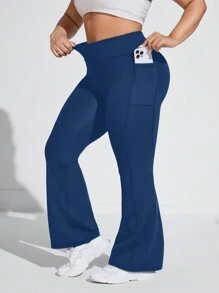 Rhythm Era Plus Size Mid/High Waisted Side Pocket Flare Leg Sweatpants Yoga Women Pants - Blue - View 4