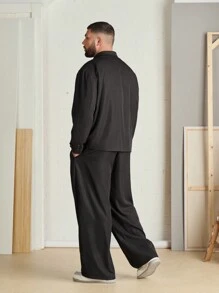 Manfinity VCAY Herren Große Größen Schwarz Locker gewebter Blazer Langarm und Hose Set