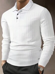 Manfinity Homme Men's Solid Color Front Button Long Sleeve Casual Golf Polo Shirt - White - View 1