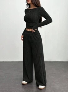 SHEIN PETITE 秋冬女装宽罗纹针织修身不对称斜下摆上衣+阔腿裤休闲舒适家居深灰色两件套 - 黑色 - 查看 3