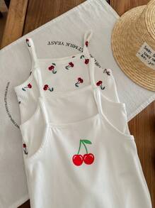 SHEIN LMoss Kids 3pcs/Set Newborn Baby Girl Summer Adorable Cherry Knitted White Jumpsuit Outfit Print - White - View 5