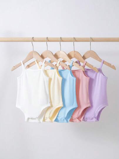 Baby Girl 5pcs/Set Casual Simple Knitted Solid Color Sleeveless Elastic Bodysuit, Comfortable For Summer