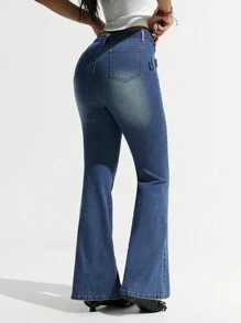 SHEIN ICON Women's Bell-Bottom Casual Denim Jeans With Corn Wen Design Button Skinny Flared Jeans