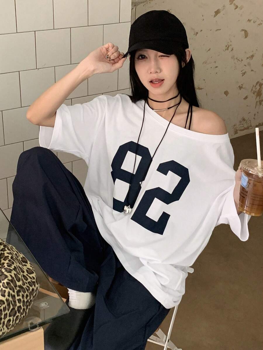 DAZY Women's Crew Neck Knit Number Print T-Shirt, Suitable For Spring/Summer - White - View 1