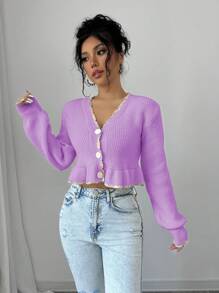 Elenzga Áo khoác cardigan dài tay màu tím chắp vá cài nút phía trước cho nữ - Màu Lilac Tím - Xem 6