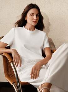 Anewsta New Style Lace Patchwork Hem Design Women T-Shirt, Summer