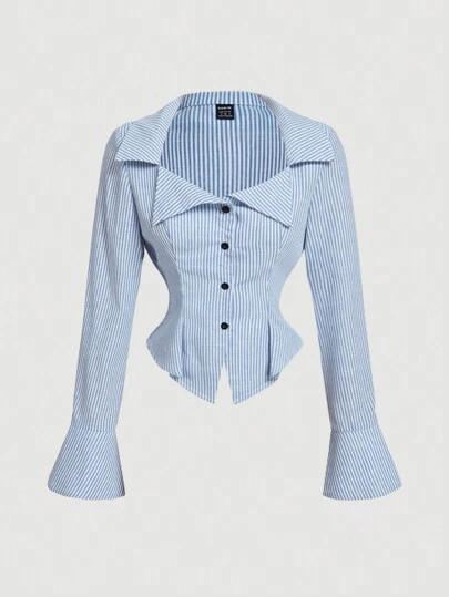 SHEIN MOD Women's Blue & White Striped Turn-Down Collar Fold-Over Long Sleeve Business ,Business Casual Women,90s ,Fall Clothing,Halloween Clothes,Business Casual Women,Back To School,Women Blouses,Going Out Tops,Long Sleeve Shirt,Work Women Blouses,Vacation Woman,Business Casual Woman,Western Wear Women,Valentine's Day Clothes
