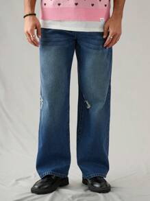 Manfinity Hypemode Jeans rectos casuales holgados de color azul oscuro para hombre - Azul lavado oscuro - Ver 4