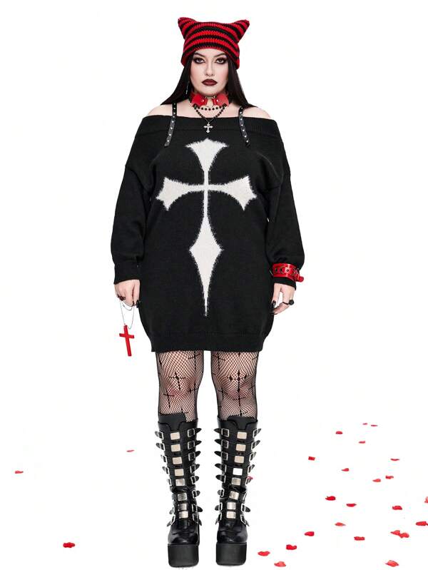 Whyspr Rochie slip din metal cu umăr deschis cu model în cruce în stil gotic punk