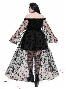 Whyspr Vestido sexy asimétrico de talla grande con diseño de nicho, color negro sólido, encaje, hombros descubiertos y bajo maxi para outfit gótico de mujer