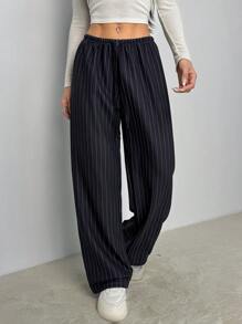 SHEIN PETITE Elastic Waist Black Knitted Striped Casual Pants
