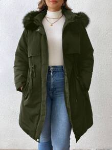 SHEIN LUNE Abrigo acolchado de talla grande para el invierno, de unicolor, manga larga, cuello alto con ribete de piel