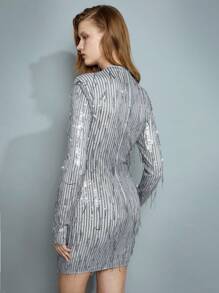 Maija Women's Silver Sequin Fringe Glitter Dress, Versatile Stylish Party/New Year's Eve Outfit, Tight Fit Sequin Fringe Mini Stand Collar Long Sleeve Dress For Party, Christmas Holiday Valentine's Day For Women Elegant Festival