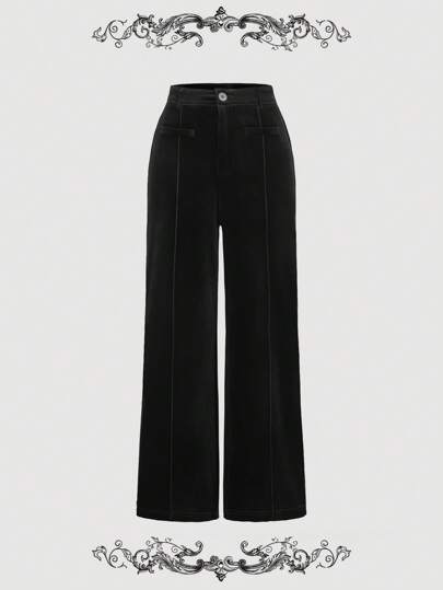 SHEIN MOD 丝绒单口袋复古宫廷风直腿红裤