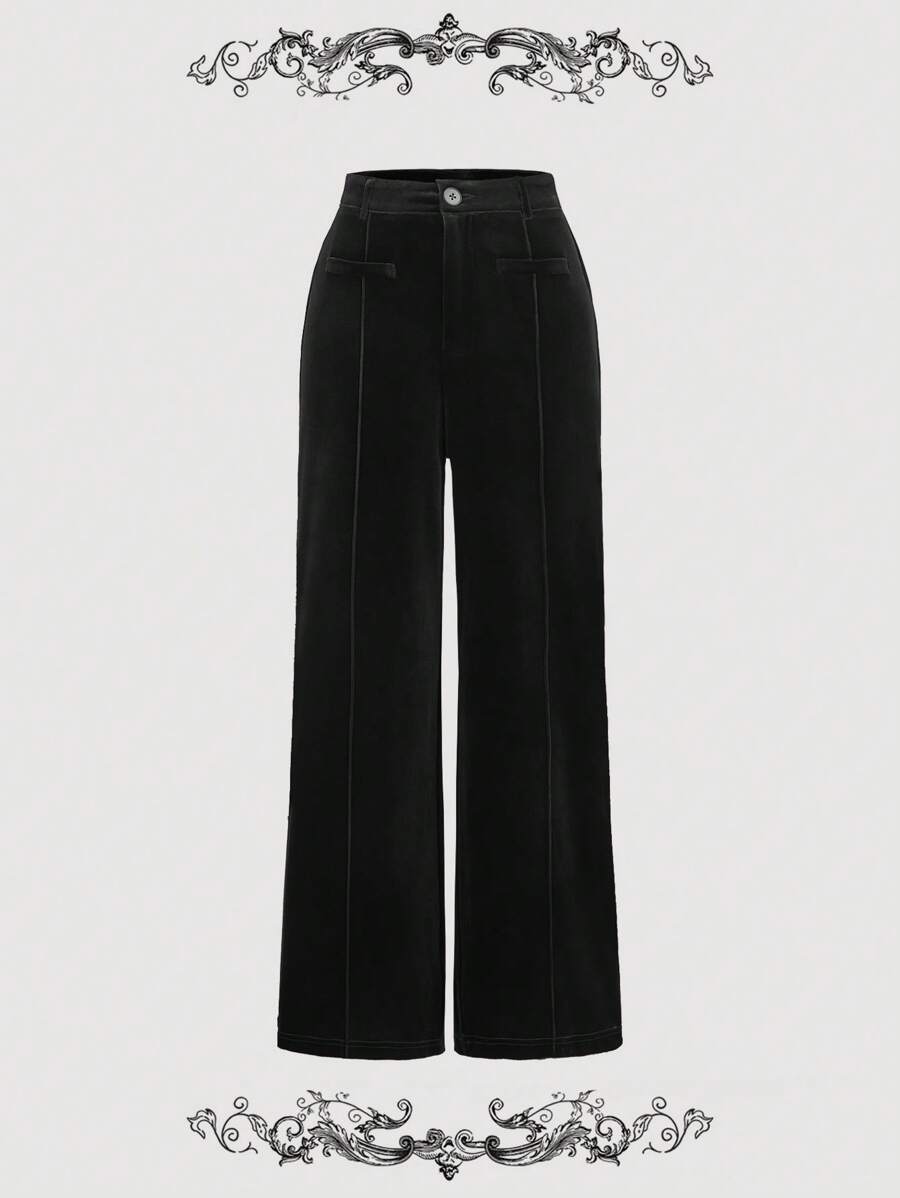 SHEIN MOD 丝绒单口袋复古宫廷风直腿红裤 - 黑色 - 查看 1