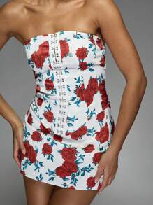 MISSGUIDED Satin Floral Print Corset Bandeau Top And Bodycon Mini Skirt Two Piece Co Ord Set - Multicolor - View 4