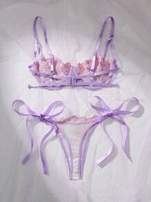 2pcs Women Sky Blue Embroidered Lace Strap Underwear Lingerie Bra & Panty Set