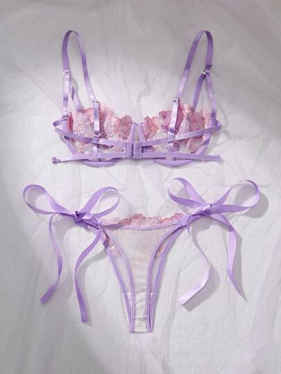 Women Sky Blauw Geborduurde Kanten Strap Underwear Lingerie BH Slipje Set view 2