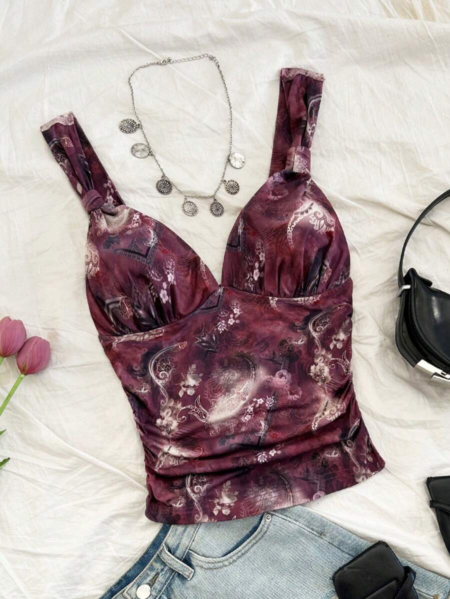 Soleia Top de vacances casual à bretelles avec fronces, coupe slim, imprimé rétro avec torsade avant pour femmes - Multicolore - Voir 1