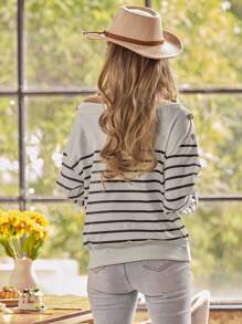 LanaWest Autumn/Winter Off Shoulder Striped Print Casual Office Wear Lantern Sleeve Loose Sweatshirt Pullover Fall