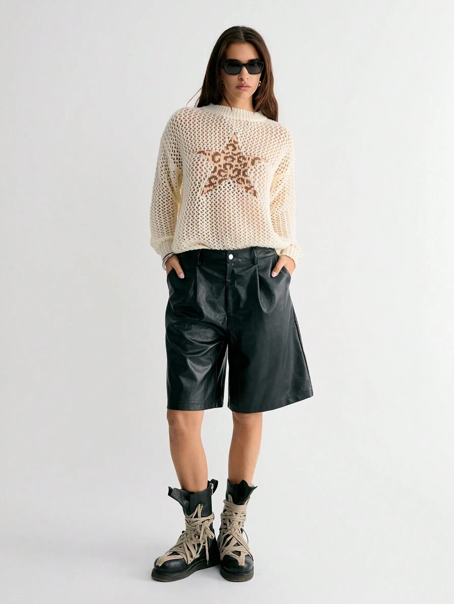 SHEIN Unity Hollow Out Women Leopard Print & Five Pointed Star Pattern Oversized Round Neck Drop Shoulder Long Sleeve Sweater Knit Pullover Fall Winter - Apricot - View 1