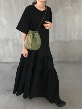 FRIFUL Vestido longo solto preto feminino, decote em V, manga curta, roupa casual de verão