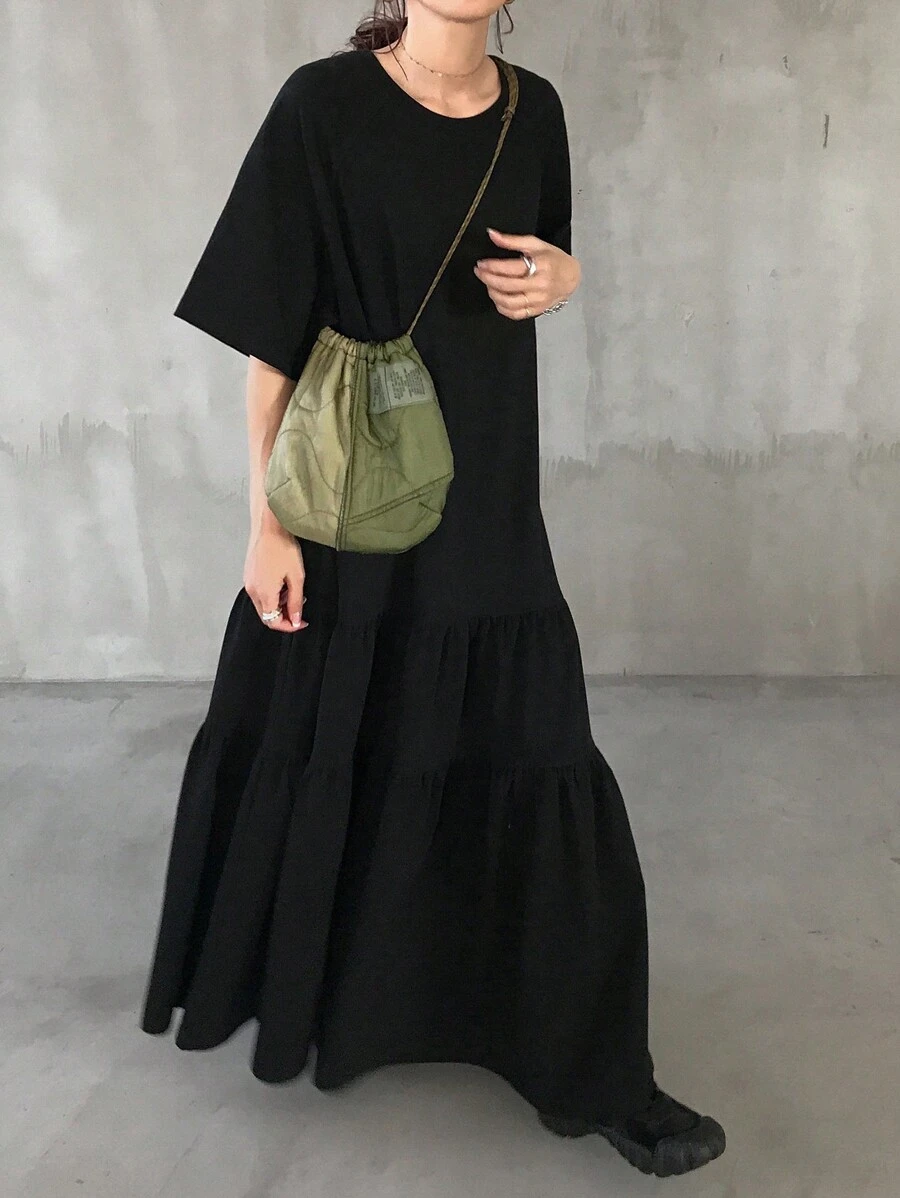 FRIFUL Kvinnor Svart Lös Lång Klänning V-ringad Kortärmad Casual Summer Outfit