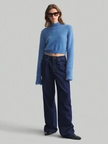 Ontre 棕色高领喇叭袖修身针织上衣 - 藍色 - 查看 2