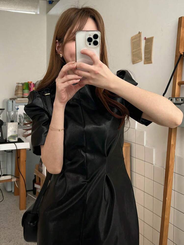 Women's PU Leather Round Neck Short Sleeve Bodycon Short Dress, For Work/Spring/Summer,Mini Dress