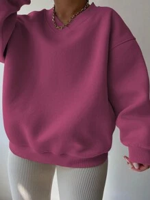 INAWLY Áo nỉ dáng rộng, cổ chữ V, vai rớt, màu trơn, cỡ lớn, thích hợp mặc mùa xuân/thu, tốt nghiệp, tựu trường, lễ tốt nghiệp, dành cho nữ giáo viên, áo nỉ chui đầu mùa thu cho mùa tựu trường. - Màu đỏ tím - Xem 5