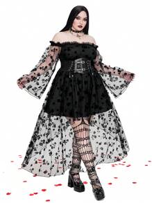 Whyspr Vestido sexy asimétrico de talla grande con diseño de nicho, color negro sólido, encaje, hombros descubiertos y bajo maxi para outfit gótico de mujer