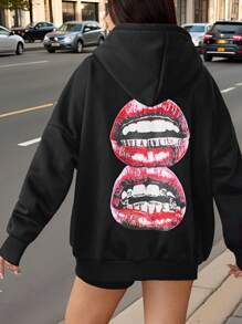 StreetHx 女士唇印休闲连帽卫衣套头衫秋季款 - 黑色 - 查看 1