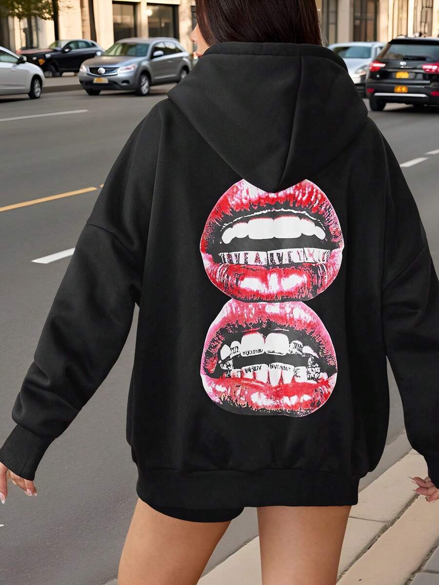 StreetHx 女士唇印休闲连帽卫衣套头衫秋季款 - 黑色 - 查看 1