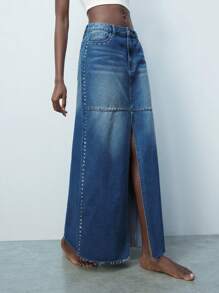 Maija Rivet Decor Casual Split Hem Mid-Waist Women Spring/Summer Denim Skirt, Classic Versatile Minimalist Style Western Wear Women - Blue - View 5