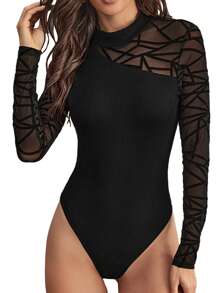 SHEIN Privé Geo Nätinslag Axelfri och Ärm Ribbstickad Bodysuit - Svart - Visa 1