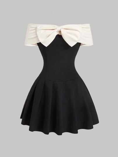 SHEIN MOD 大码女式撞色蝴蝶结肩部镂空迷你连衣裙，黑色，开学季、约会晚礼服、秋季连衣裙、秋季婚礼宾客礼服、返校节礼服、情人节