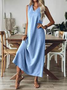 Breezaya 女士 V 领无袖简约长裙，休闲日常穿着 - 藍色 - 查看 3