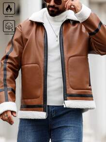 Manfinity Homme Plus Size Men's Casual Contrast Trim Thermal Lined Jacket, Autumn/Winter