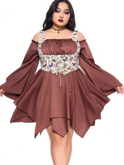Fairycore Plus Size Faireycore Butterfly Jacquard Splice Contrast Color Flared Sleeve Asymmetrical Hem Dress