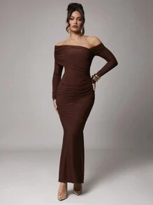 Silquee Women Elegant Solid Color Long Sleeve Shift Dress For Casual, Date, Party, Coffee Brown, Dresses For Women, Dress, Christmas Clothes Women