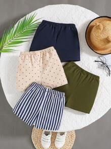 SHEIN Leap Crew 4 件套男婴彩色条纹帆船印花和纯色松紧腰休闲短裤套装，适合男孩和女孩 - 彩色 - 查看 2