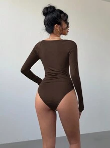 Aloruh Body de manga larga negro con cuello cuadrado, detalles de encaje, empalme delantero y lazo artesanal de mujer elegante y sexy