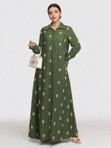 Veilorie 女士花卉印花长袖单排扣休闲长款阿巴雅连衣裙 - 綠色 - 查看 4
