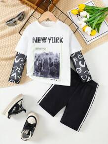 SHEIN Conjunto de ocio para niña, compuesto por top de malla con cuello redondo con estampado de graffiti de ciudad y letras en inglés, y pantalones skinny negros, estilo urbano.