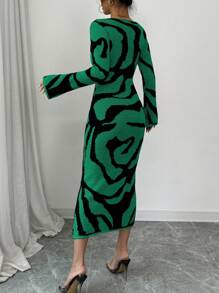 Elenzga Vestido de suéter con mangas acampanadas y estampado para mujer