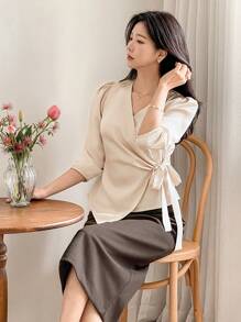 DAZY Elegant French Style V-Neck Satin Long Sleeve Tie-Waist Blouse For Women