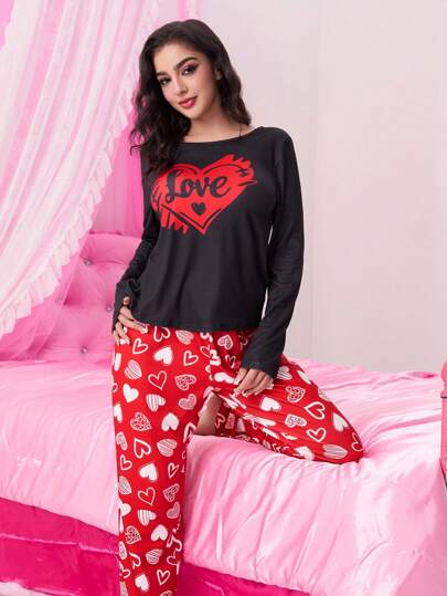 Set pigiama da donna romantico per San Valentino, casual, manica lunga e pantaloni lunghi