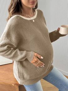 SHEIN Pregnant Women Plain Color Patchwork Long Sleeve Casual Sweater With Bowknot Decor